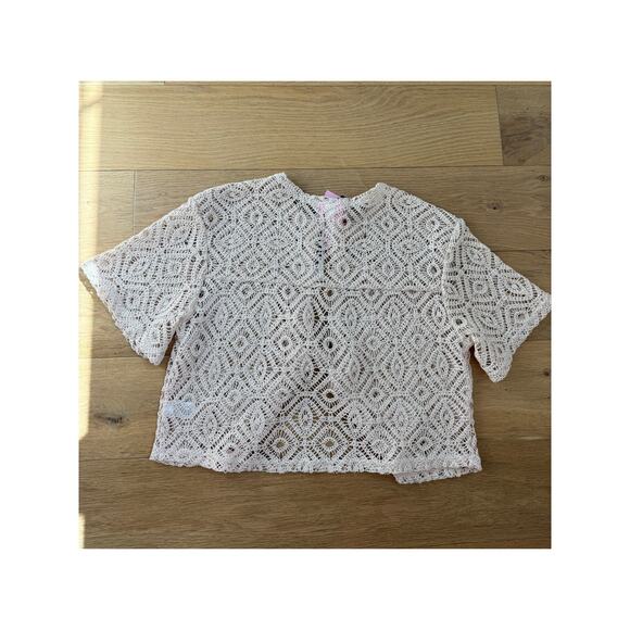 Future Collective Short Sleeve Tie Front Crochet Knit Cream Top Size XS NEW - Picture 9 of 9